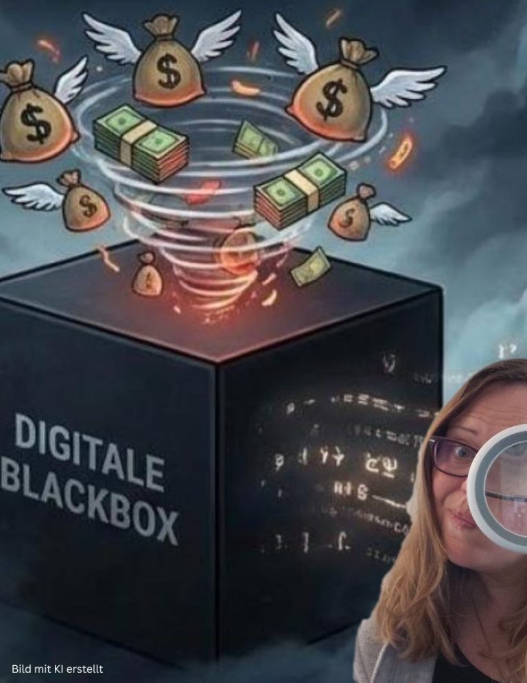 Schluss mit Agentur-Blackboxen Grafik zeigt einen Tornado aus Geldscheinen und Münzen, um eine schwarze Box mit "Digitale Blackbox".